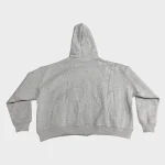 Back view of a plain grey hoodie showing the hood, long sleeves, and relaxed fit on a white background