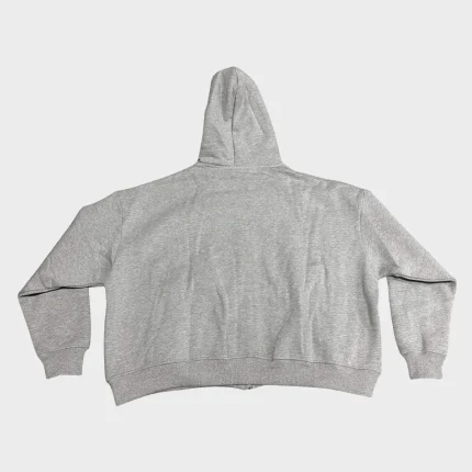 Back view of a plain grey hoodie showing the hood, long sleeves, and relaxed fit on a white background