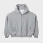 Grey blank zip‑up hoodie with hood, long sleeves, front zipper, and front pockets on a white background